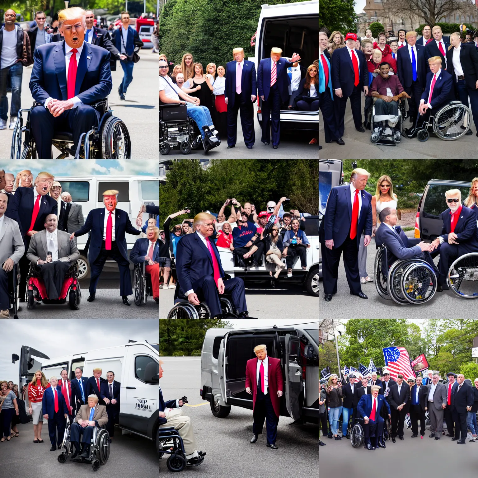 Prompt: donald trump in a wheelchair next to van, group of people, photograph, happy, high resolution, high quality, beautiful face, attractive, realistic faces