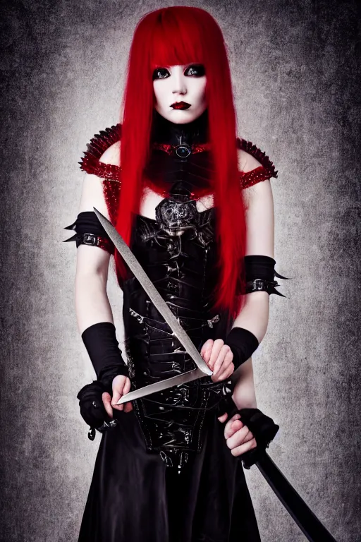 Image similar to very beautiful demon top model, red hair, wearing gothic louis vuitton victorian armor with blades and swords, luxury materials, symmetrical, cinematic, elegant, professional studio light, real dlsr photography, sharp focus, 4 k, ultra hd, sense of awe, high fashion