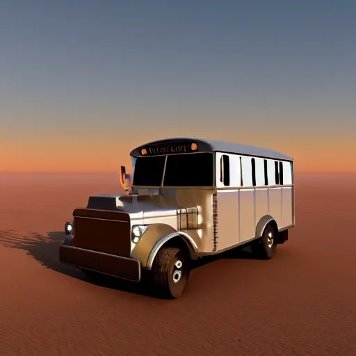 Image similar to silver school bus in the desert by hot springs, sand dunes, sage brush, golden hour, ultra detailed, 8 k, trending on artstation, award - winning art,