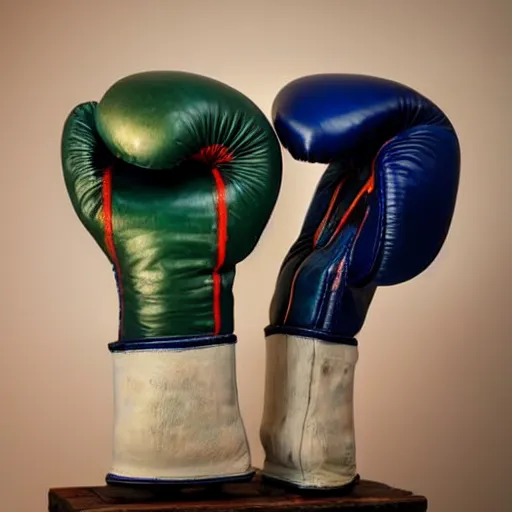 Image similar to a beautiful sculpture made of old textile and boxing gloves, epic lighting, cinematic composition, hyperrealistic, 8 k