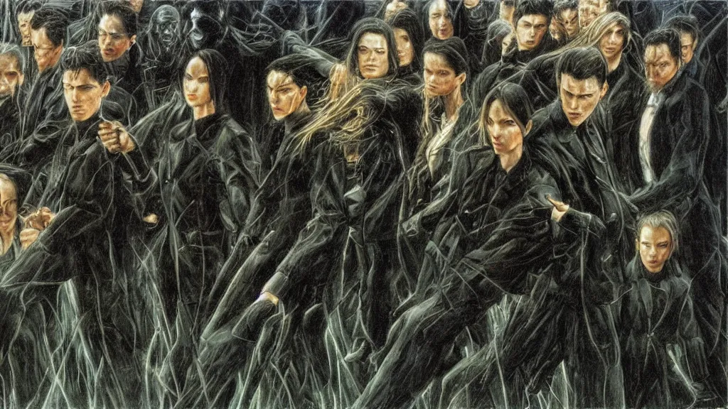 Image similar to an oil painting in the style of alan lee depicting the matrix ( 1 9 9 9 )