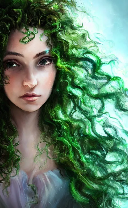 Image similar to a young woman with wild, curly hair and bright green eyes. she's wearing a flowing dress made of light, airy fabric and she has a mischievous look on her face, dynamic lighting, photorealistic fantasy concept art, trending on art station, stunning visuals, creative, cinematic, ultra detailed