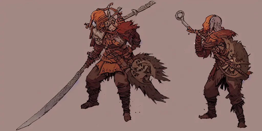 Image similar to warrior character design, idle, colored, sword, sprite, darkest dungeon, pc game, sideview, art by moebius and greg rutkowski.