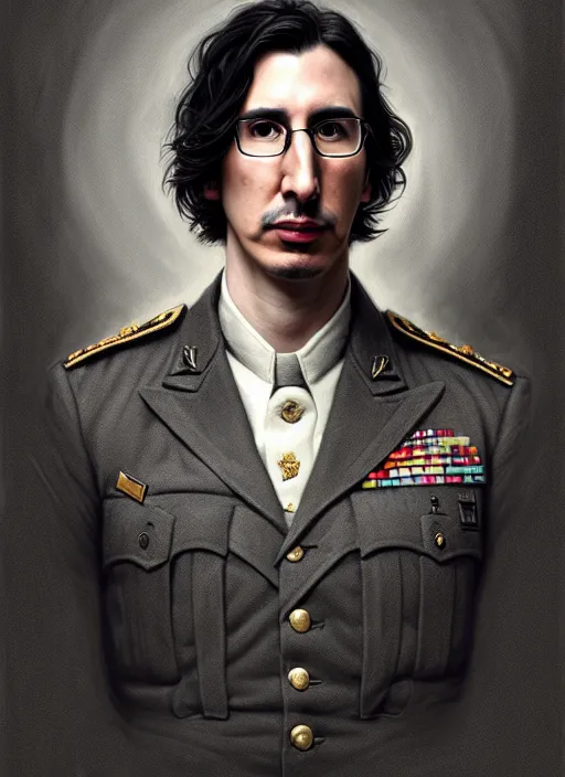 Prompt: a portrait, john oliver and adam driver, stoic, military uniform, fantasy, intricate, elegant, beautiful, highly detailed, charcoal, centered, dark, smokey, digital painting, artstation, concept art, smooth, sharp focus, illustration, art by artgerm and greg rutkowski and alphonse mucha