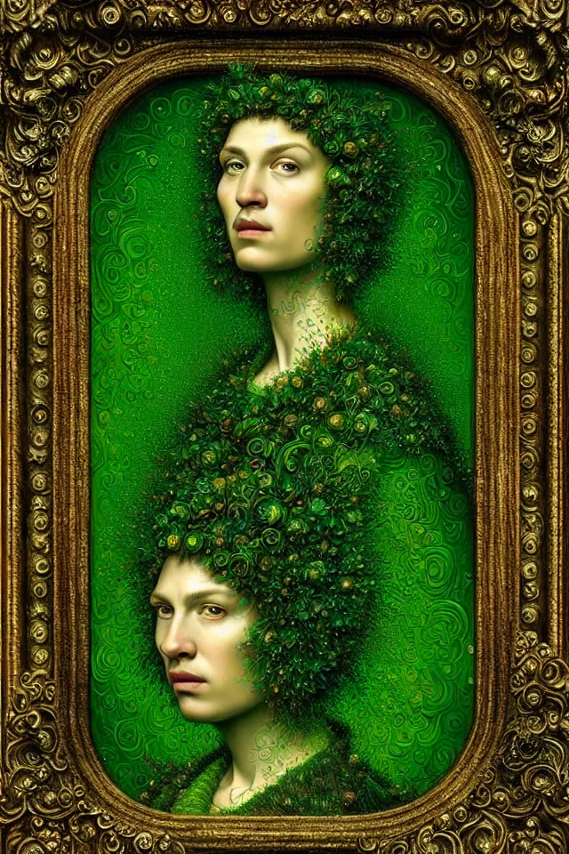 Prompt: bizarre green detailed renaissance portrait of mario as a highly detailed realistic real life person, dramatic cinematic lighting, 8 k, beautiful intricate painting by james r eads and tomasz alen kopera
