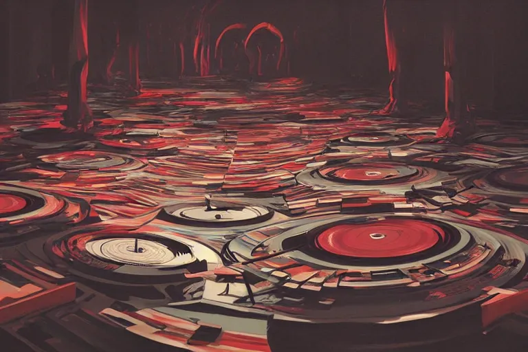 Prompt: an expressive painting of a floor of vinyl records, dark background, red rim light, digital art, artstation, concept art by giger stalenhag