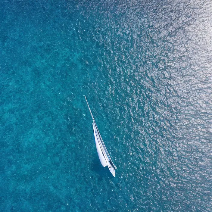 Image similar to an aerial perspective of a yacht sailing in a crystal clear ocean, photo - realistic, highly detailed