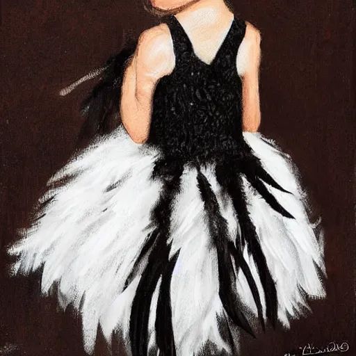 Image similar to little girl wearing an dress made of black feathers, art by ilya kushinov