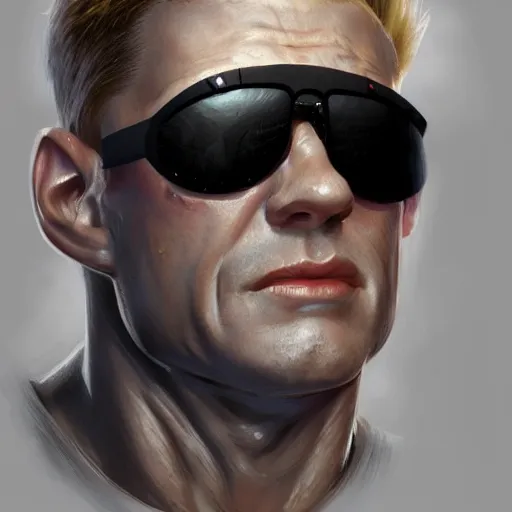 Prompt: full body shot of Duke Nukem 3D, handsome, sun glasses, intricate, red wife-beater, empty shells ejected from gun, cinematic lighting, highly detailed, digital painting, concept art, smooth, sharp focus, illustration, art by Artgerm and Greg Rutkowski, Cgsociety 9