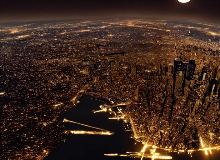 Image similar to film still of the moon breaking into pieces over manhatten in the new disaster movie, 8 k, night time