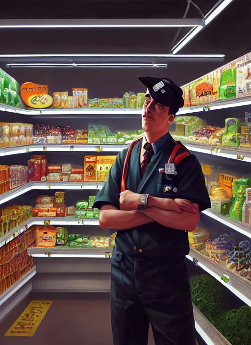 Image similar to portrait of a depressed supermarket worker in a countdown nz uniform, intricate, elegant, glowing lights, highly detailed, digital painting, artstation, concept art, smooth, sharp focus, illustration, art by wlop, mars ravelo and greg rutkowski