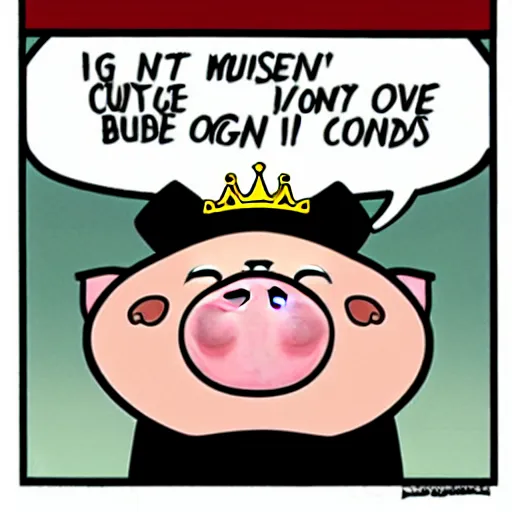 Prompt: comic art of a cute obese pig smiling in a black shirt wearing a crown eating snacks, drawn by Bruce MacKinnon, 4K