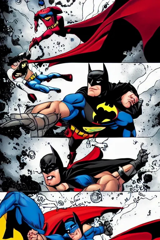 Image similar to batman beating superman in a fight