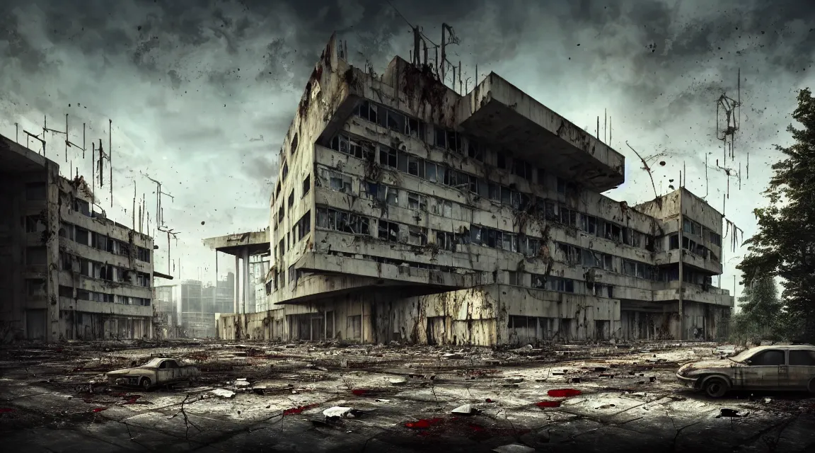 Image similar to post apocalyptic hospital building, people fighting, morning, building, avenue, modern contemporary urban americana concrete architecture, by pascal blanche, neil blevins, apocalyptic color palette, trending on artstation, photorealistic, wilderness ambiance, ultra detailed, high definition, depth of field, bokeh, rubble, wild vegetation, blood stains, building crumbling