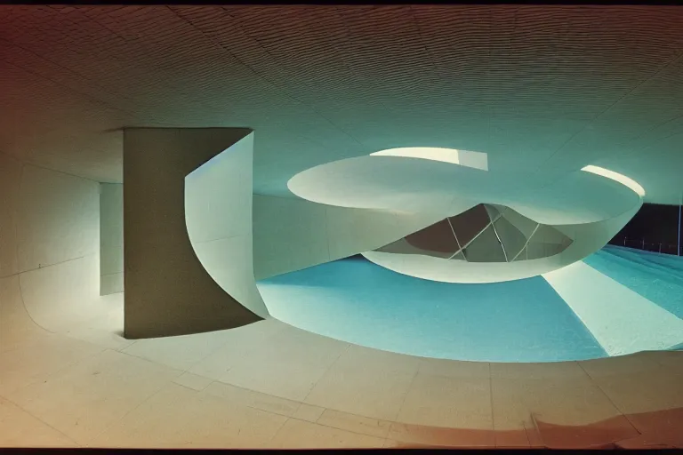 Prompt: underwater non - euclidean, geometric tiled swimming pool tunnels into infinity, cubic and right angles, cube portals, 1 9 6 0 s, color bleed, ektachrome photograph, volumetric lighting, f 8 aperture, cinematic eastman 5 3 8 4 film stanley kubrick