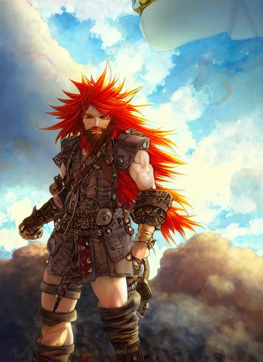 Image similar to prompt : ragnarok online portrait soft light painted by james jean and katsuhiro otomo and erik jones, inspired by akira anime, epic fantasy, a long red haired, red bearded male sky - pirate smirking whilst standing in front of an airship, intricate oil painting, high detail illustration, sharp high detail, manga and anime 1 9 9 9