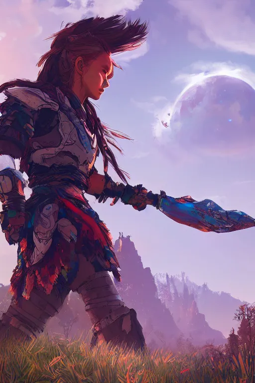 Image similar to combination suit armor aloy horizon forbidden west horizon zero dawn radiating a glowing aura global illumination ray tracing hdr fanart arstation by ian pesty and alena aenami artworks in 4 k tribal robot ninja mask helmet backpack