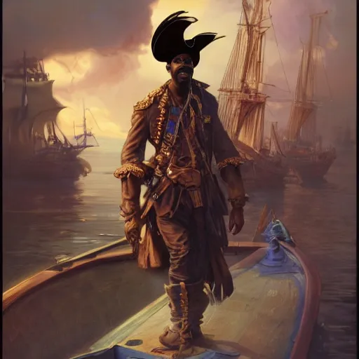 Image similar to chris rock dressed as a pirate, by adolf hiremy - hirschl and greg rutkowski and alphonse mucha, cosmic, intricate detail, cinematic, 8 k, cel shaded, unreal engine, featured on artstation, pixiv