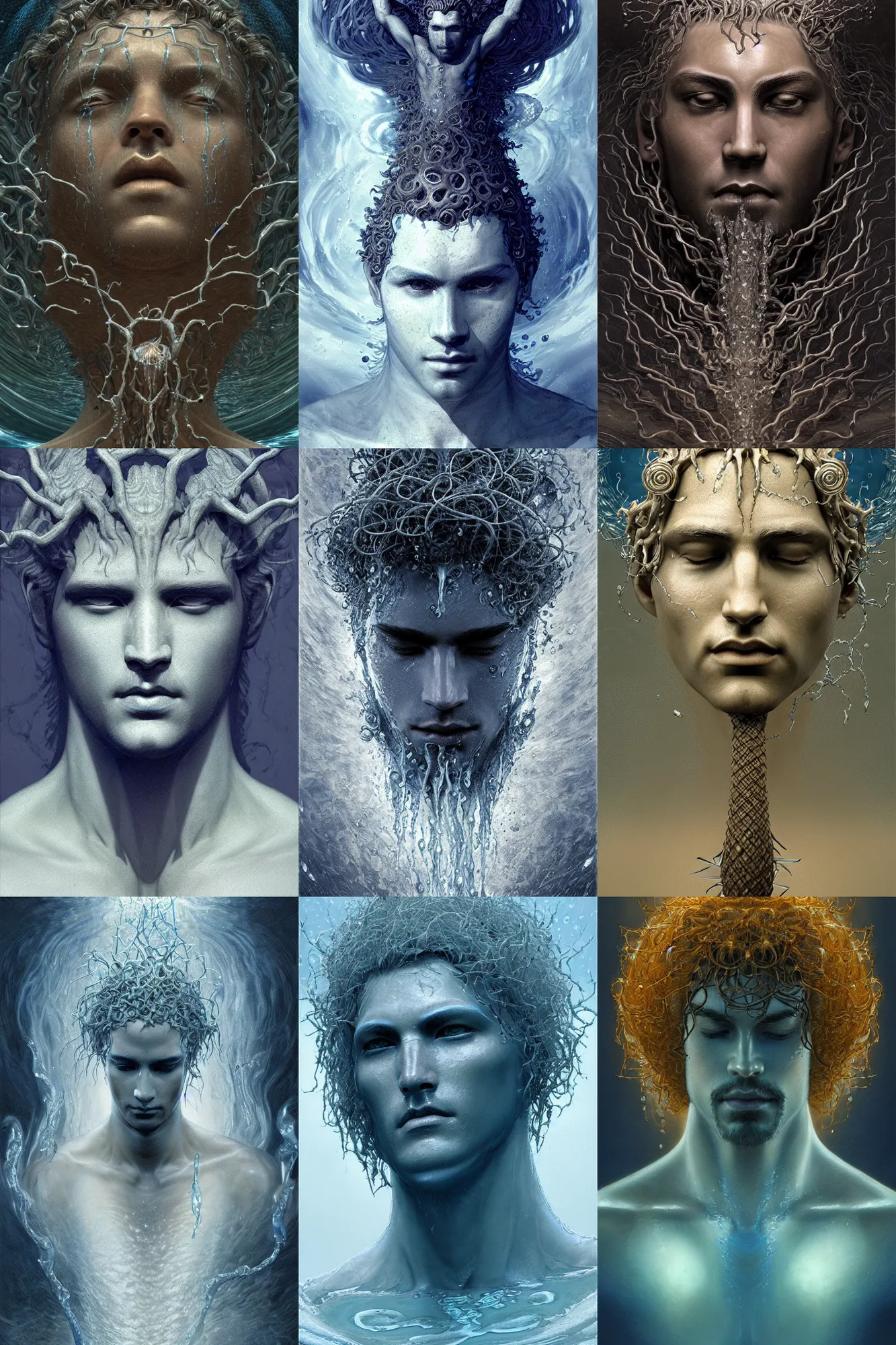 Prompt: portrait of the male god of water : : 1, celestial hair made out of thorn : : 2, ultra - detailed, symmetrical and centered composition, eerie, the style of craig mullins and james jean, de - noise, 8 k