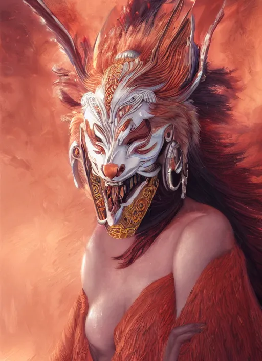 Image similar to a beautiful detailed oil on copper art illustration of a japanese namahage kitsune mask devil woman, centered, by charlie bowater, zeng fanzh, trending on artstation, dim dusk lighting, cinematic lighting, detailed lighting, volumetric lighting, realistic, f 8, 4 k hd wallpaper