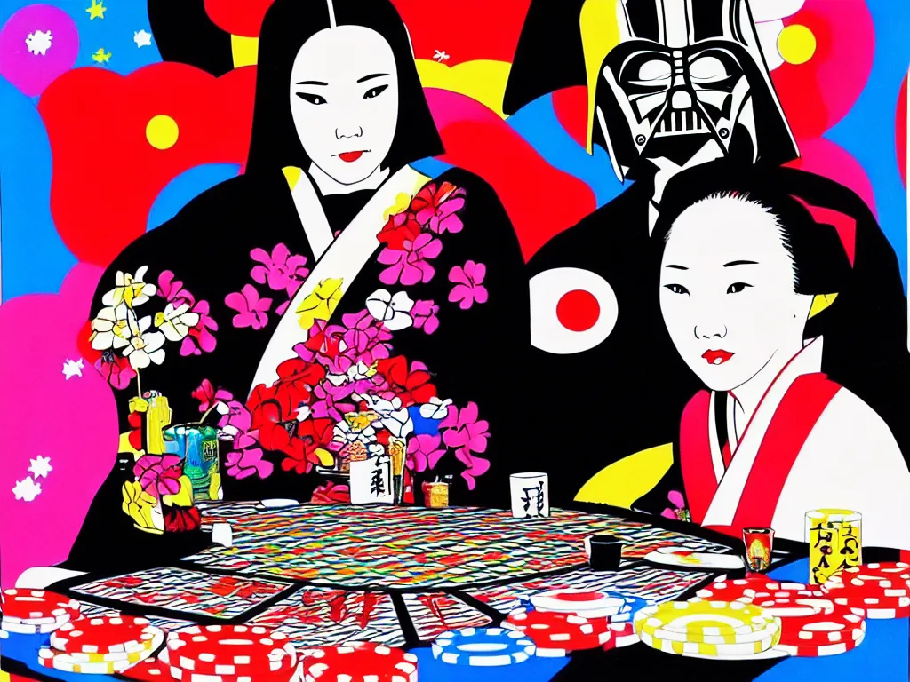 Image similar to hyperrealistic composition of the woman in a japanese kimono sitting at a poker table with darth vader, fireworks, mount fuji on the background, pop - art style, jacky tsai style, andy warhol style, acrylic on canvas