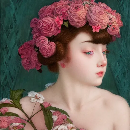 Image similar to white cat girl, botanical, rose, portrait face, colorful, frantisek kupka, intricate, miles johnston, kuroda seiki, cynical realism, ozabu, john william godward, painterly, yoshitaka amano, moebius, miles johnston, louise zhang, james jean, mark ryden lowbrow pop surrealism art style