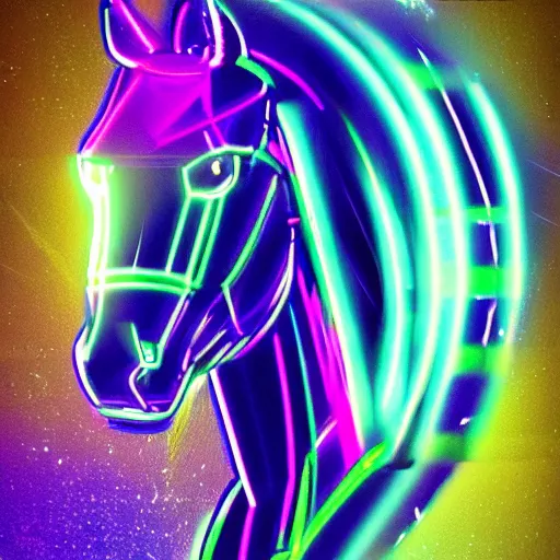 Image similar to A synthwave horse inspired by Tron. Trending on Artstation. Digital screenshot. Faded film grain. 1980s Computer Graphics.