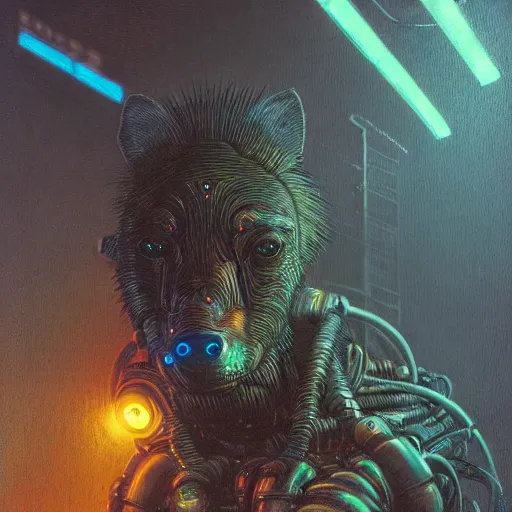 Prompt: cyberpunk dystopian cyborg hyena, wires and glowing lights, beksinski style, realism