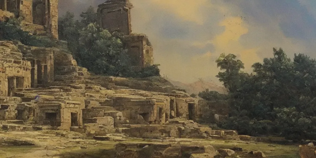 Prompt: stunning landscape painting of an ancient city