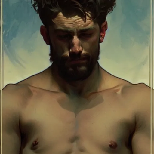 Image similar to portrait of depressed chad, male, muscular, handsome D&D, concept art, art by Greg Rutkowski and Alphonse Mucha