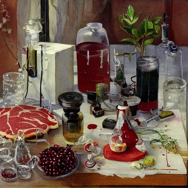 Prompt: sensual, scientific equipment, a female art student on her lounge, raw meat, berry juice drips, pancakes, spilt cup of coffee, honey, painting of a woman, berries, white flowers in scientific glassware, art supplies, white candles dripping wax, neo - impressionist surrealism, acrylic and spray paint and oilstick on canvas