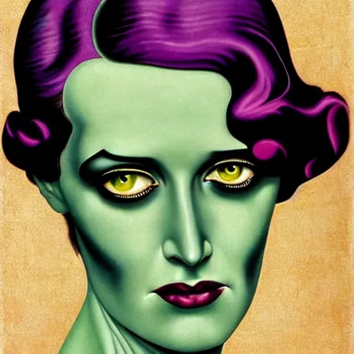 Image similar to Eva Green is Metamorpho, the Element Woman, Art by Coles Phillips, Chalk white skin, deep purple hair, Green eyes, Portrait of the actress, Eva Green as Metamorpho, carbon black and antique gold