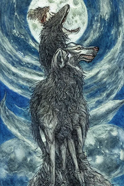 Image similar to crynos werewolf howling at the moon, art by luis royo and walter crane and kay nielsen, watercolor illustration, ultra sharp focus, wot