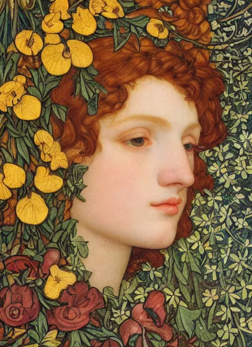 Image similar to masterpiece beautiful seductive flowing curves preraphaelite face portrait amongst flowers, extreme close up shot, straight bangs, thick set features, yellow ochre ornate medieval dress, laying amongst foliage mushroom forest circle arch, frederic leighton and kilian eng and rosetti and preraphaelites, william morris, 4 k