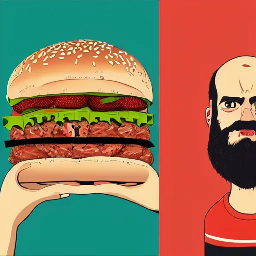 Image similar to beard man angry with italian burger. symmetrical anatomy, hyperdetailed, digital art, baroque, pop punk art style, poster style, illustration, fantasy, full body pictures, without duplication, dribble popular, unreal engine, drawn by ilya kuvshinov and vinicius gud and gustavo zambelli, intricate, balance rendered.