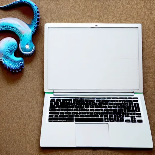 Image similar to Laptop computer being used by an octopus in the style of Emily Willoughby, paleoart