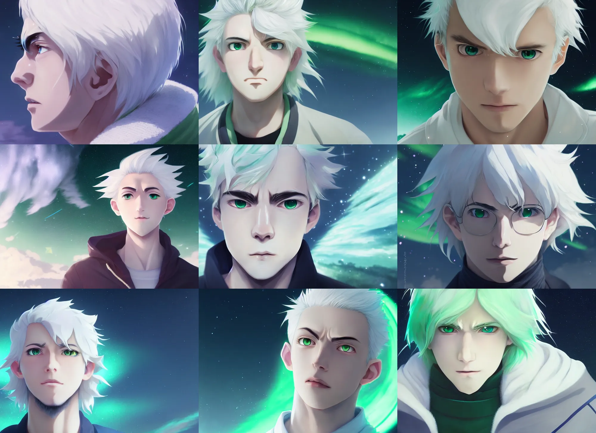 Prompt: white haired young guy with wide green eyes on the moon, aurora, small nose, stunning anime, full face portrait, high symmetry, close look, octane engine, makoto shinkai, genshin impact, hyper detailed, close shot, light blur