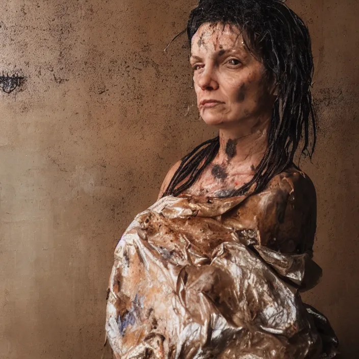 Image similar to closeup portrait of a woman wrapped in plastic, standing in a grungy dirty coffee shop cafe, color photograph, by vincent desiderio, canon eos c 3 0 0, ƒ 1. 8, 3 5 mm, 8 k, medium - format print