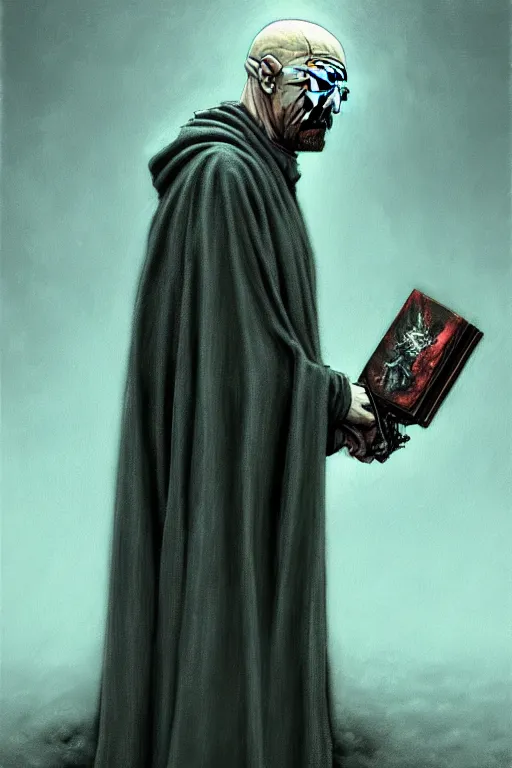 Image similar to painting of walter white as a cloaked tech priest holding a book, adeptus mechanicus!, cybernetic enhancements attached to his body, praise the omnissaiah, zdzislaw beksinski, lewis jones, mattias adolfsson, warhammer 4 0 k!!, cold hue's, warm tone gradient background, concept art, digital painting