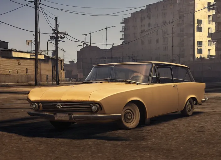 Prompt: hyperrealistic matte painting of gta game in soviet suburbs, 1 9 6 0, playstation 5 screenshot, mega details, golden hour, beautiful rtx reflections, soviet suburbs, photorealistic, unreal engine 5, octane render, volumetric light, featured on cg society, 4 k, 5 0 mm bokeh, polaroid photo, russian lada car, artstation