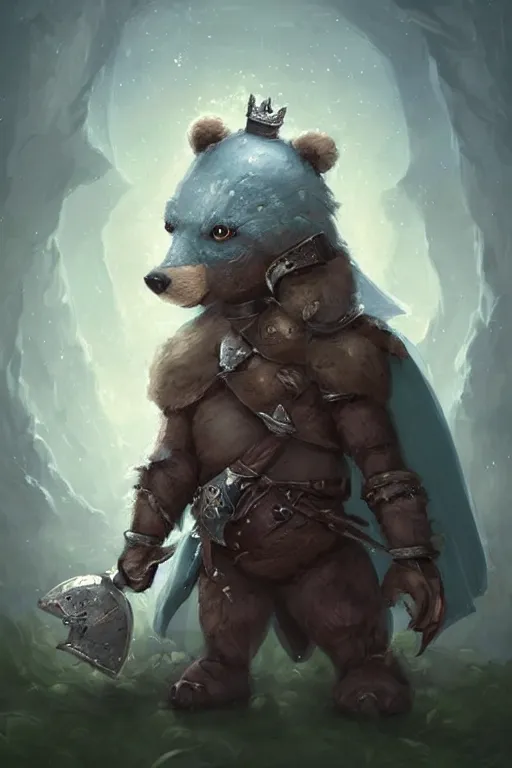 Image similar to cute little anthropomorphic bear knight wearing a cape and a crown, tiny, small, miniature bear, baby animal, short, pale blue armor, cute and adorable, pretty, beautiful, DnD character art portrait, matte fantasy painting, DeviantArt Artstation, by Jason Felix by Steve Argyle by Tyler Jacobson by Peter Mohrbacher, cinematic lighting