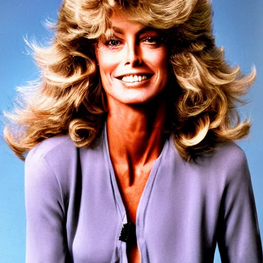 Image similar to farrah fawcett at 80 years old, studio photography