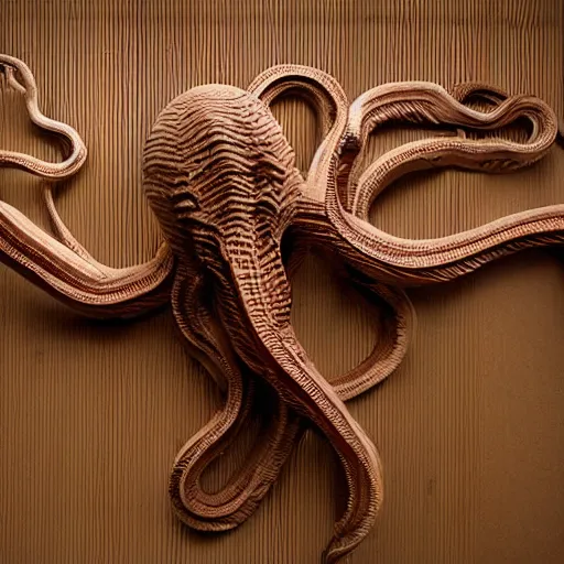 Prompt: tentacles made of brown corrugated cardboard, cut out of cardboard, realistic photography, fantasy