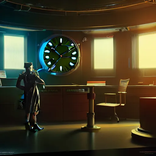 Image similar to clocks in the main office of the time saving bank, cyber punk, retro machinery, futuristic hi-tech details, art by anthony macbain + greg rutkowski + jean giraud, concept art, 4k, sharp focus, cinematic render unreal engine