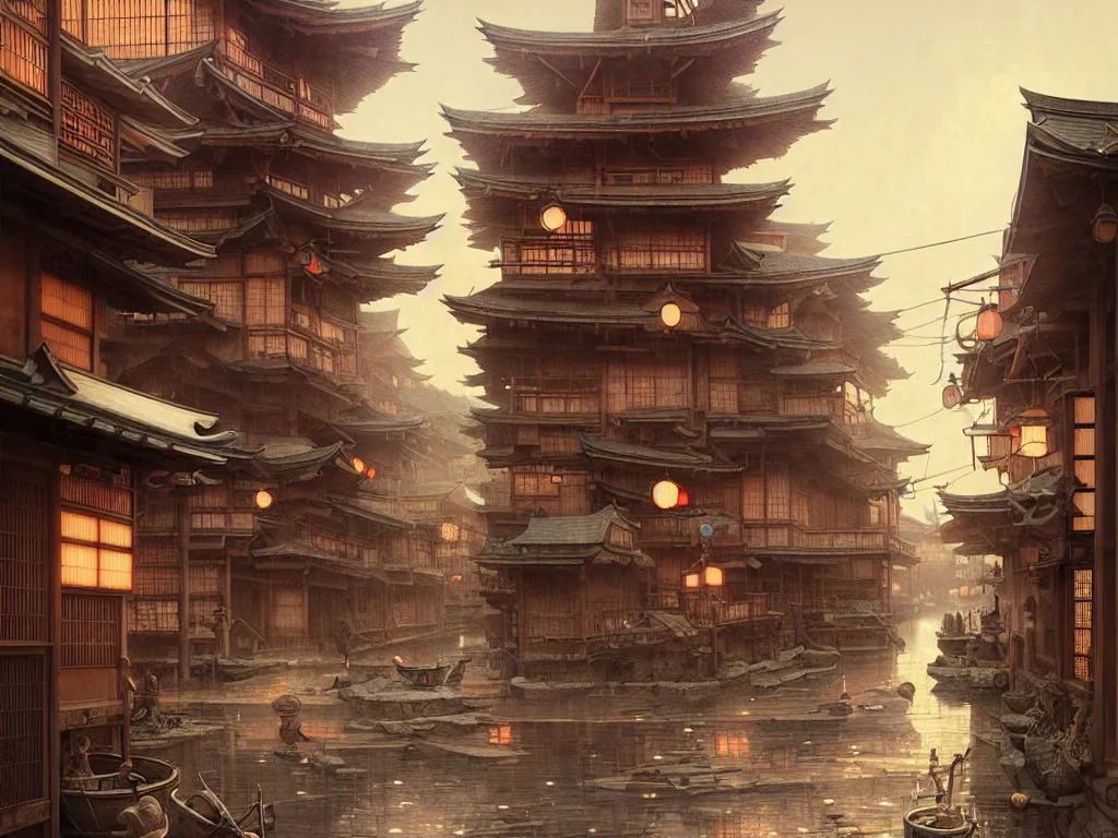 Image similar to old japanese street view from the harbor, d & d digital painting, intricate details, ultra realistic, beautiful, volumetric lighting, warm colors advance, cell shading, by james jean, greg rutkowski, gerald brom,