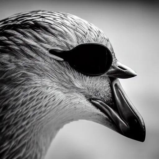 Image similar to close up shot of a suspicious goose wearing shades. 8 k photography, depth of field, canon dslr