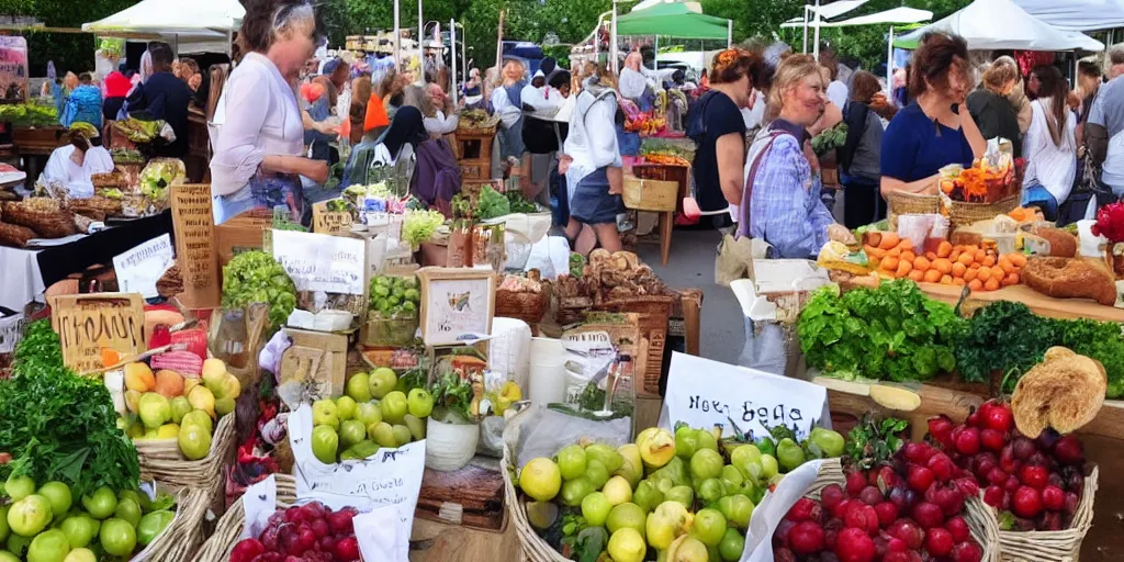 Prompt: a lovely photo, sunday morning at the local farmers market, vendors with fruit and breads, jars of jams and honey, crowds of people, flowers and activity all around, happy, fun