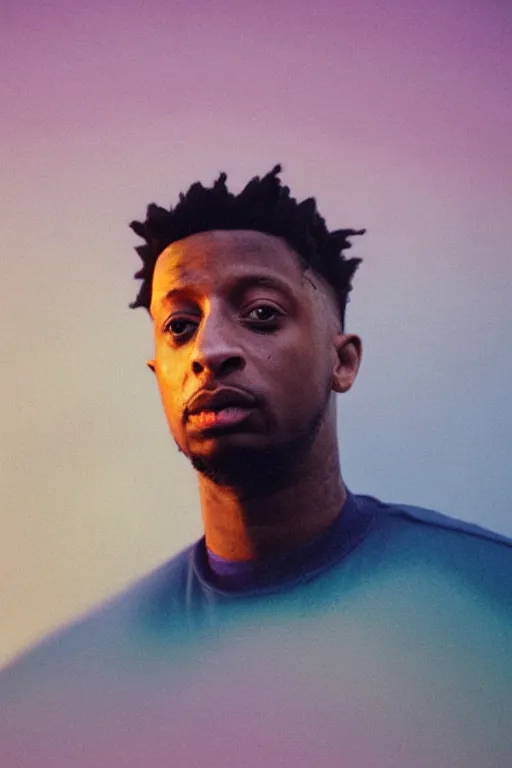 Image similar to high quality pastel coloured film close up wide angle photograph of 2 1 savage wearing clothing resting on cloud furniture in a icelandic black rock!! environment in a partially haze filled dreamstate world. three point light, rainbow. photographic production. art directed. pastel colours. volumetric clouds. pastel gradient overlay. waves glitch artefacts. extreme facial clarity. 8 k. filmic.