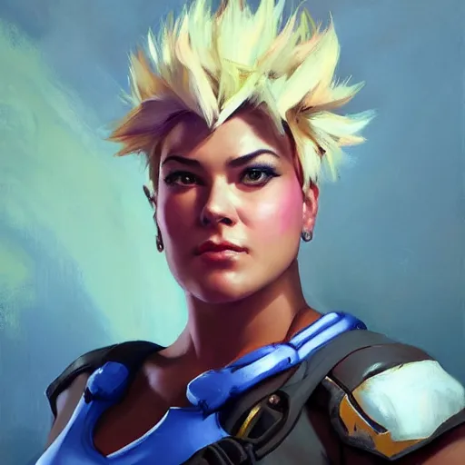 Prompt: greg manchess portrait painting zarya from overwatch, medium shot, asymmetrical, profile picture, organic painting, sunny day, matte painting, bold shapes, hard edges, street art, trending on artstation, by huang guangjian and gil elvgren and sachin teng