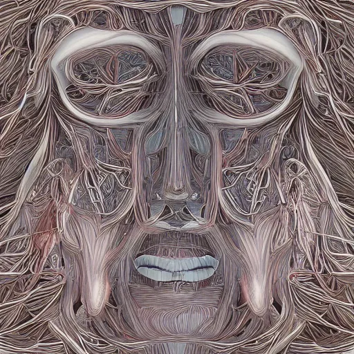 Image similar to beatifull frontal face portrait of a woman, 150 mm, anatomical, flesh, flowers, mandelbrot fractal, facial muscles, veins, arteries, symmetric, intricate